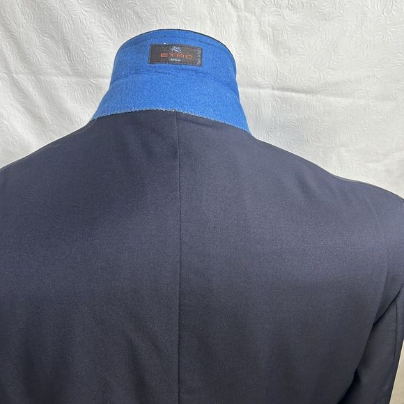 Etro Milano Italy Sz 52 IT 42 US Navy Blue 100 % Wool Jacket Blazer FLAW - Picture 11 of 16